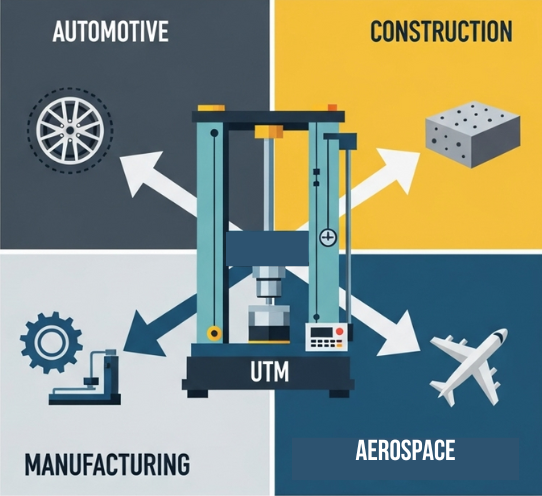 Ilustrasi UTM dengan ikon industri otomotif, konstruksi, manufaktur, dan aerospace.