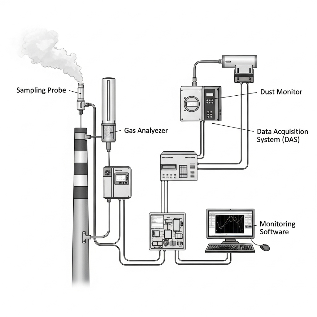 Diagram sistem CEMS dari cerobong ke software monitoring.