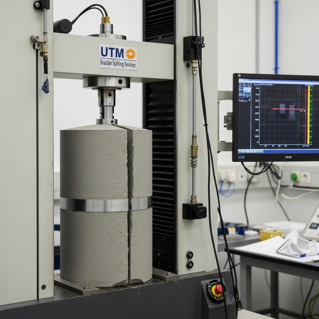 UTM menguji silinder beton retak.