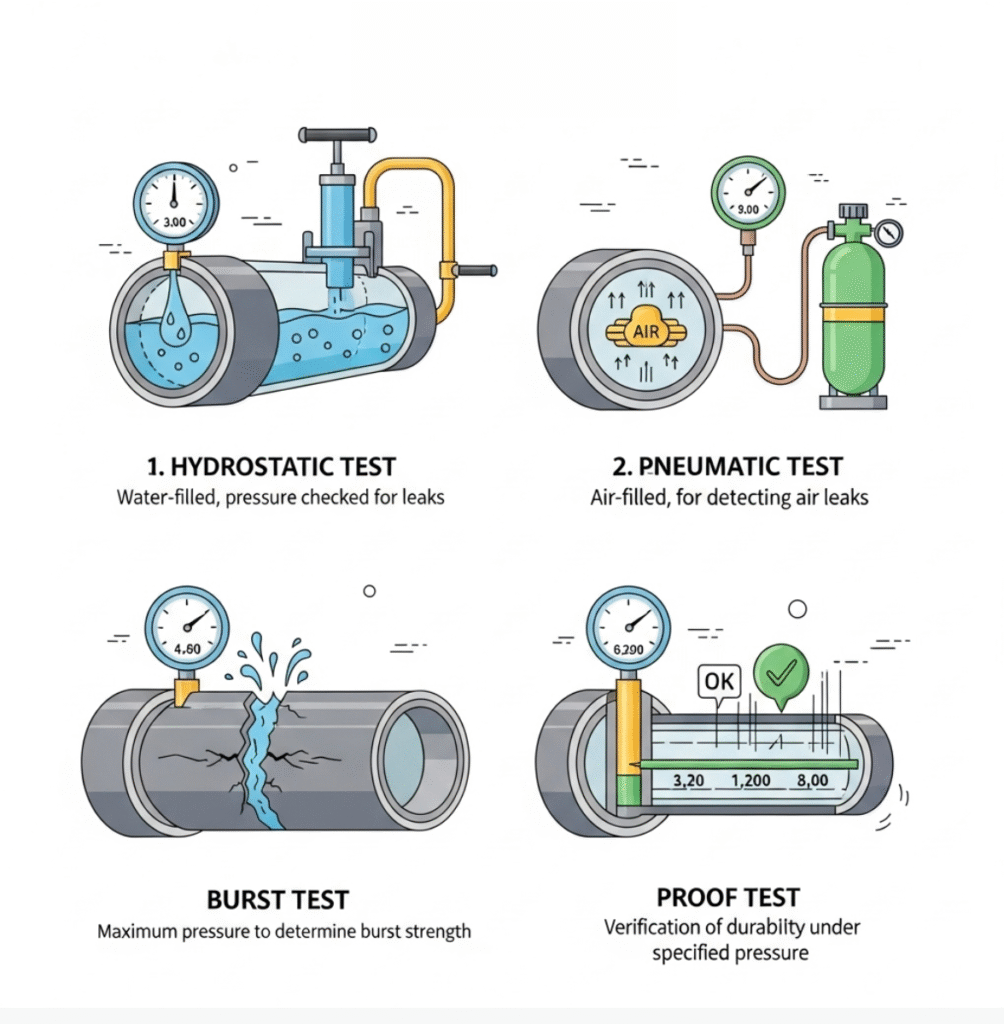 Infografik metode uji tekan pipa: hydrostatic, pneumatic, burst, proof test.