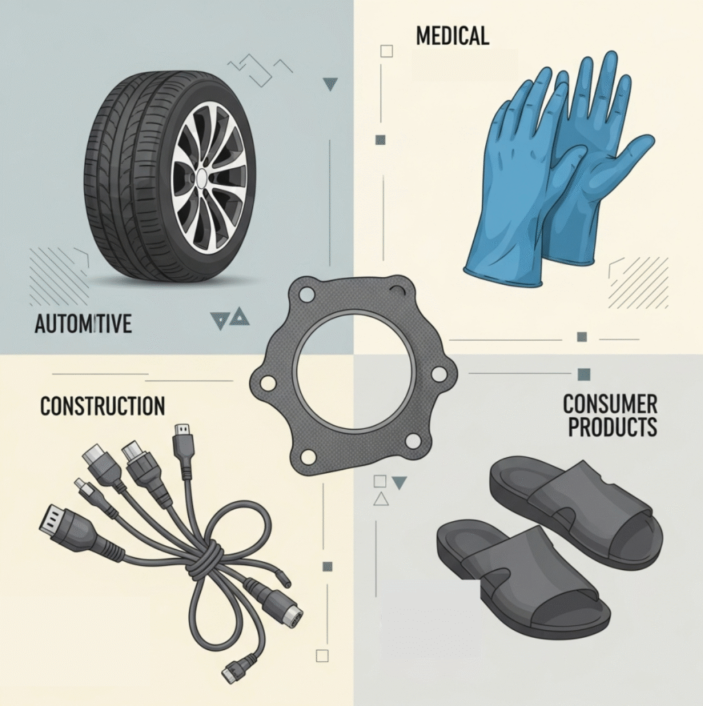 Ilustrasi penggunaan karet di otomotif, medis, konstruksi, dan produk konsumen.